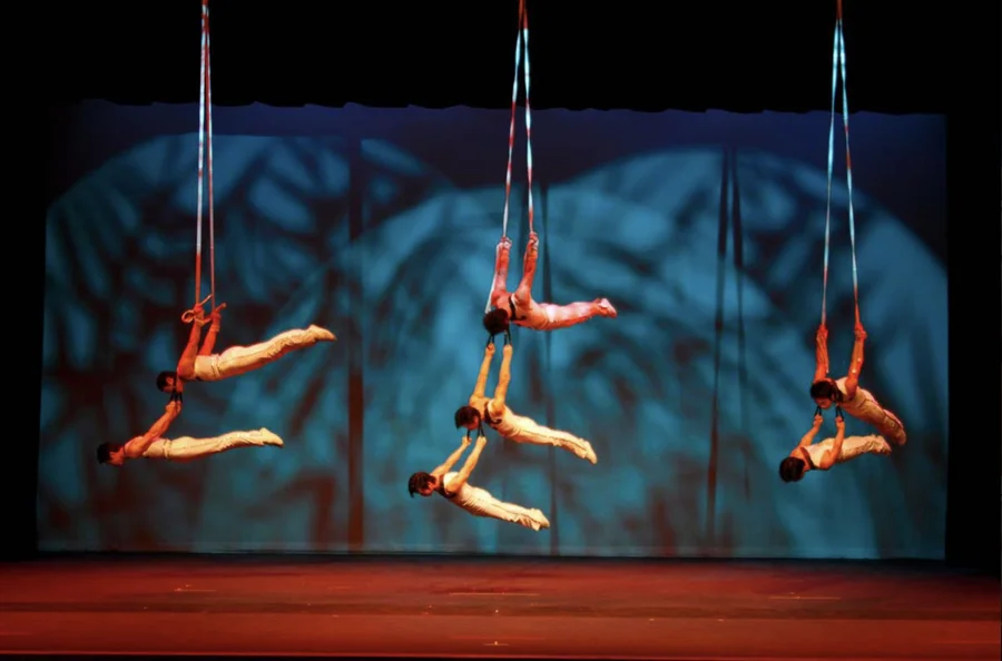 Chinese acrobats performing on aerial straps