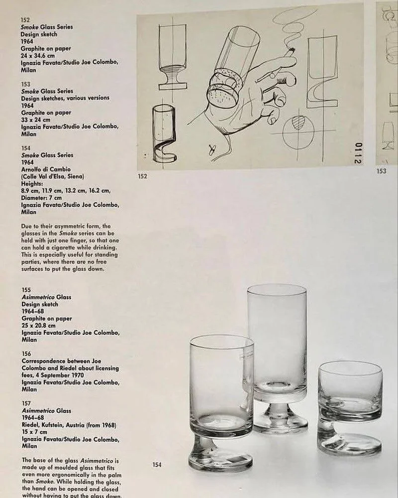 Archival page showing Smoke Glass design sketches and production details, Joe Colombo, 1964
