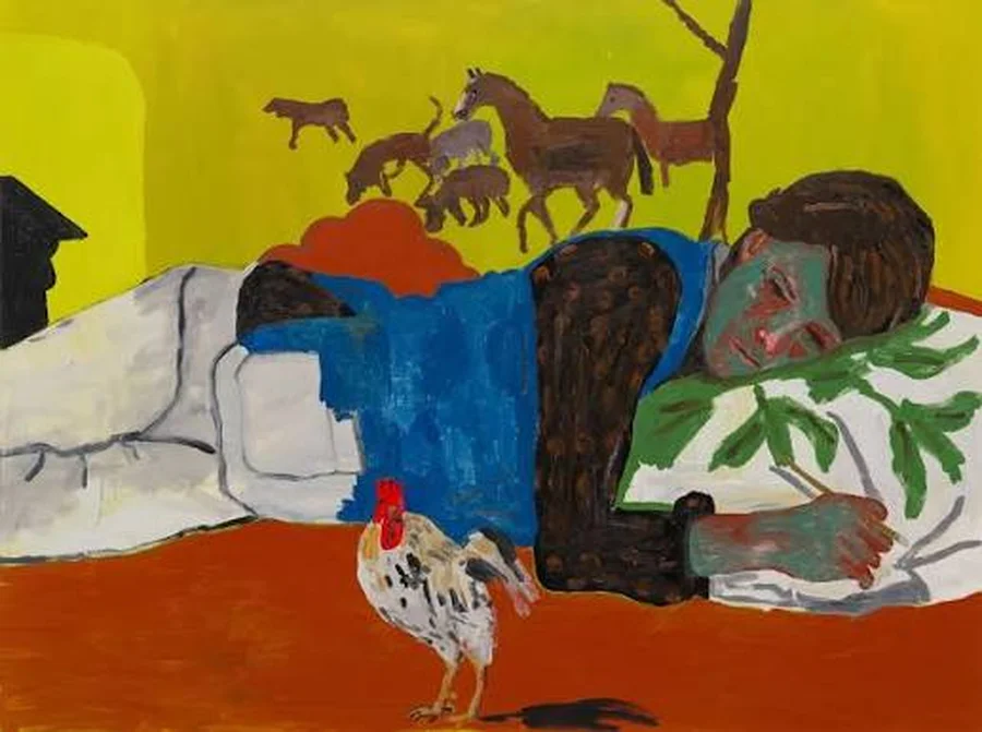 Painting by Danny Fox, sleeping figure with rooster and horses