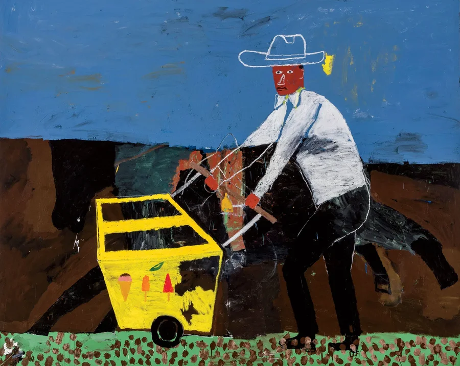 Painting by Danny Fox, figure with ice cream cart and horse