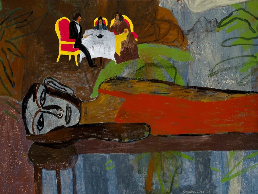 Painting by Danny Fox, interior scene with tea table and reclining figure