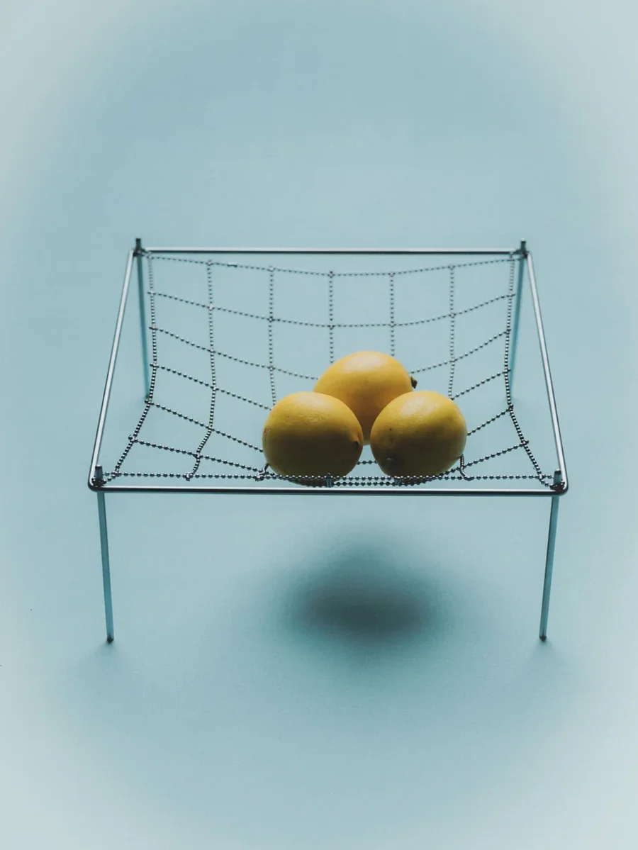 Mesh Vessels fruit bowl with lemons, by Júlia Esqué
