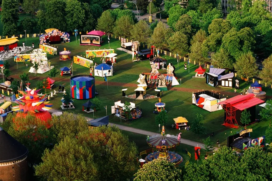 Aerial view of Luna Luna amusement park, Hamburg, 1987